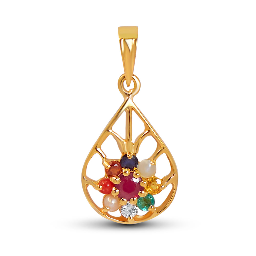 Veliyath Navaratna Teardrop Pendant – 22KT Gold with Certified Nine Gemstones