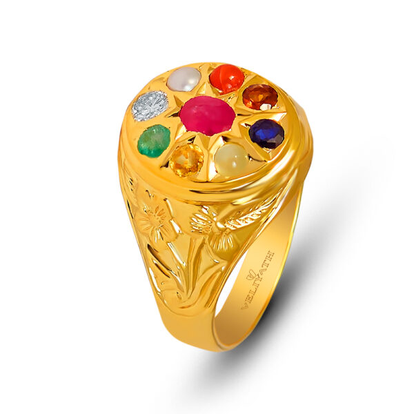 Veliyath Navaratna Gold Ring – Certified Nine Gemstones in Classic Temple Design