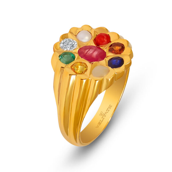 Veliyath Navaratna Gold Ring – Certified Nine Gemstones in Classic Temple Design