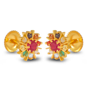 Veliyath Navaratna Stud Earrings – 22KT Gold with Certified Nine Gemstones