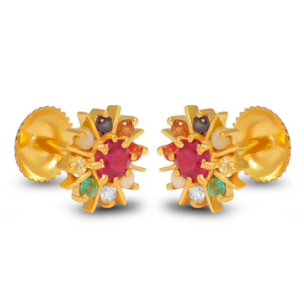 Veliyath Navaratna Stud Earrings – 22KT Gold with Certified Nine Gemstones
