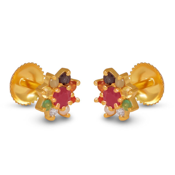 Veliyath Navaratna Stud Earrings – 22KT Gold with Certified Nine Gemstones