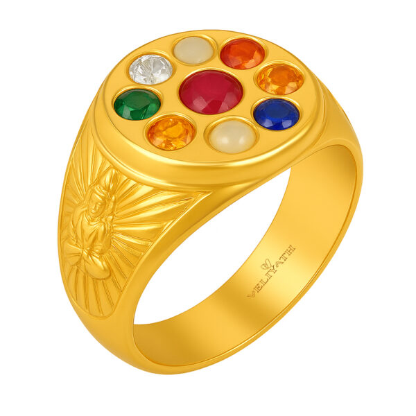 Veliyath Navaratna Gold Ring – Certified Nine Gemstones in Classic Temple Design